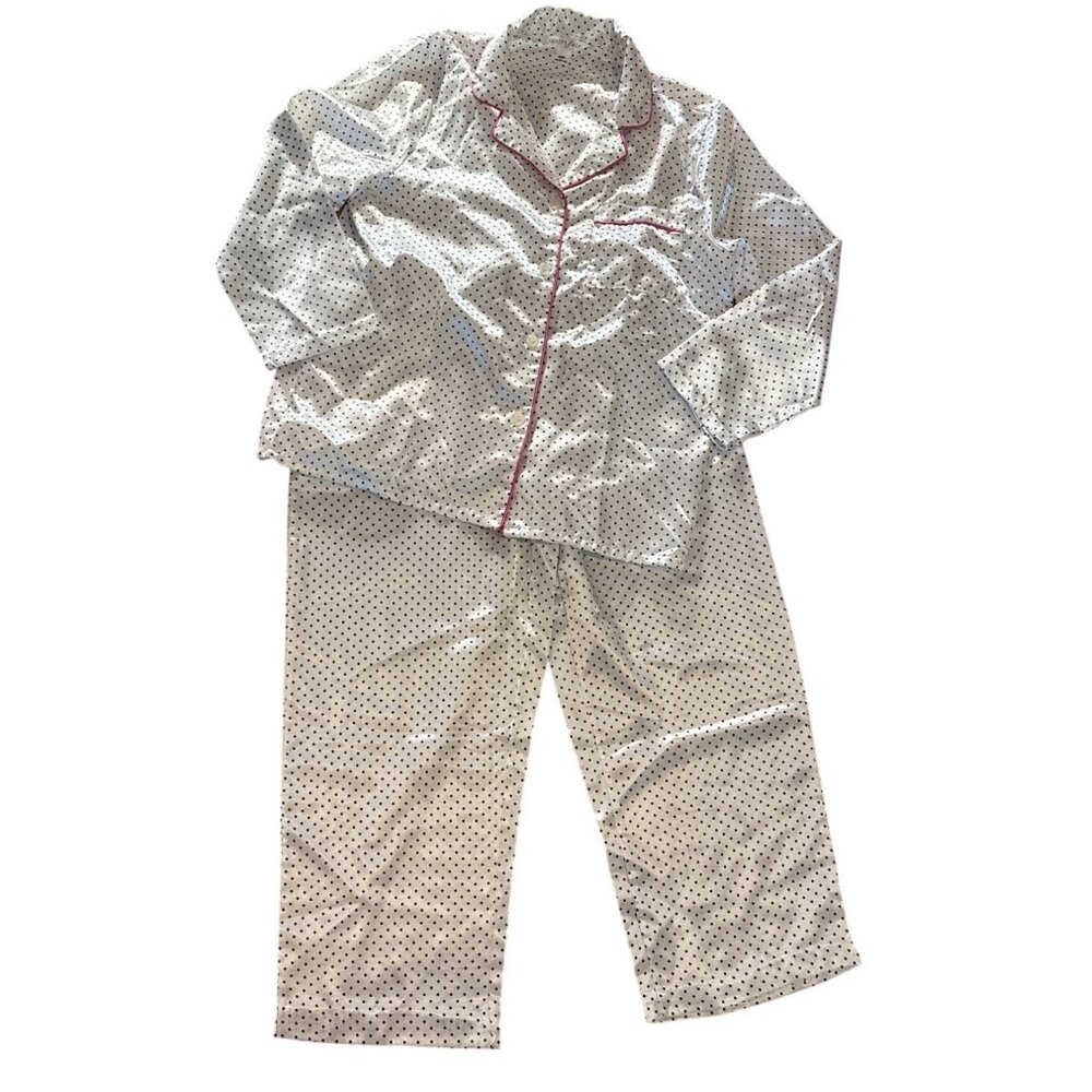 Vanity Fair Pajama Set Womens Med Satiny Polka Dot White Black Pink Trim